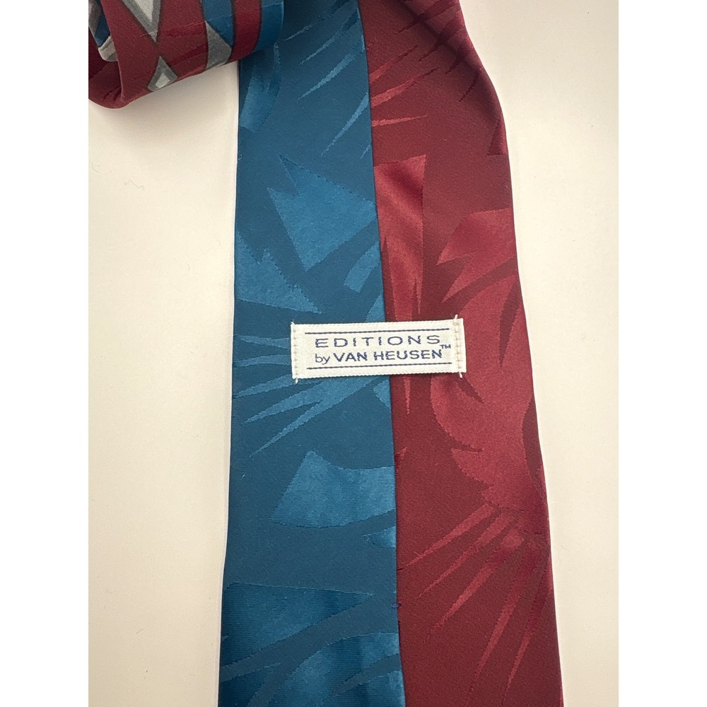 Editions by Van Heusen Mens Geometric Diamond Silk Blend Tie Burgundy Teal Gray - Picture 3 of 5